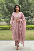 Mauve Sage Embroidered Chanderi Kurta Suit Set with Dupatta, featuring intricate floral embroidery.