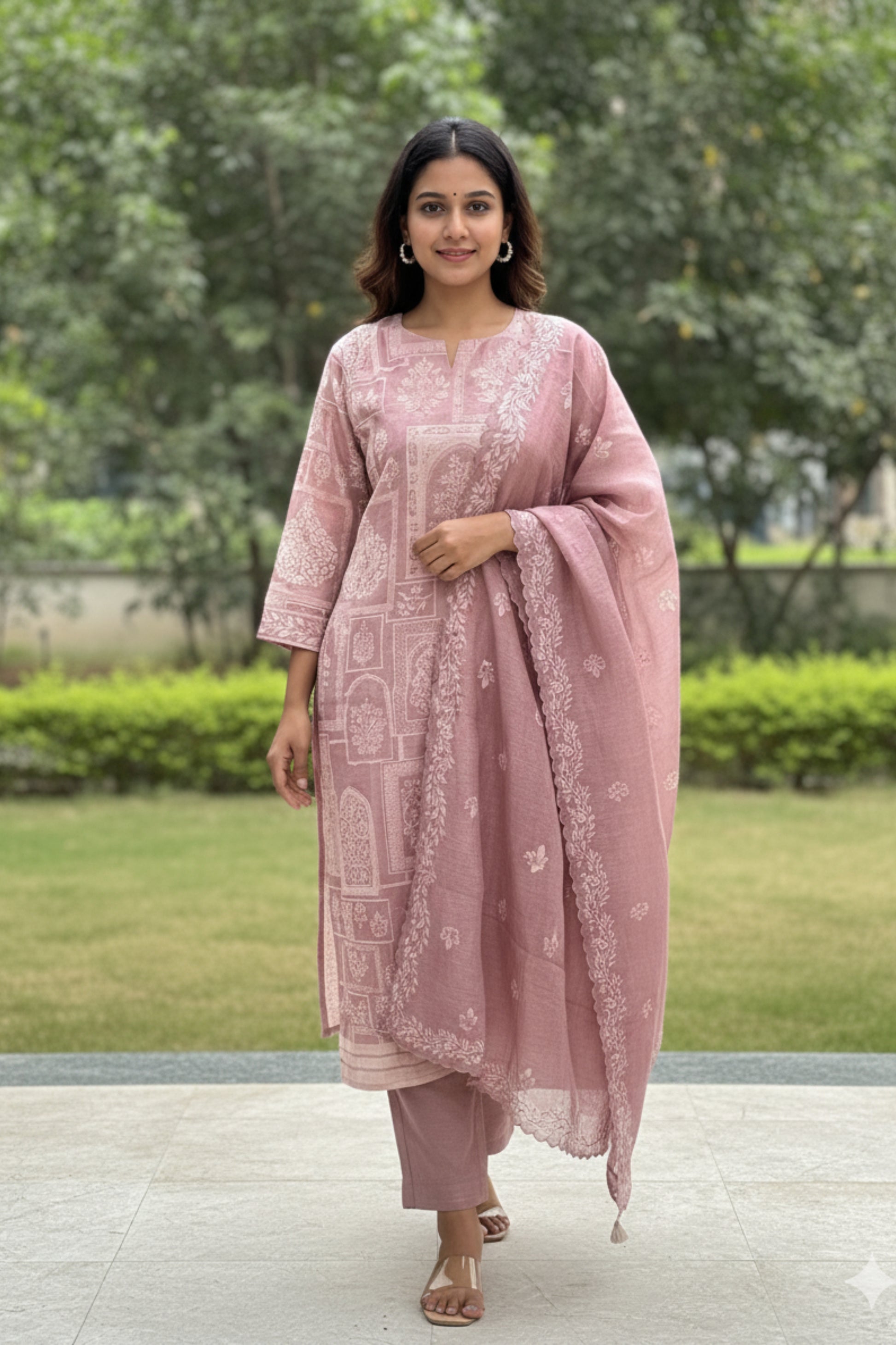 Mauve Sage Embroidered Chanderi Kurta Suit Set with Dupatta, featuring intricate floral embroidery.