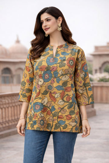 Mustard Kalamkari Printed Short Kurti