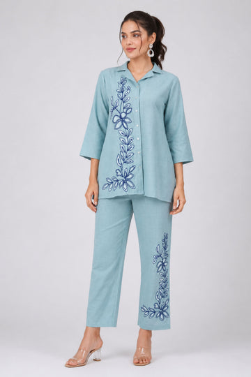 Women's Blue Floral Embroidered Co-Ord Set