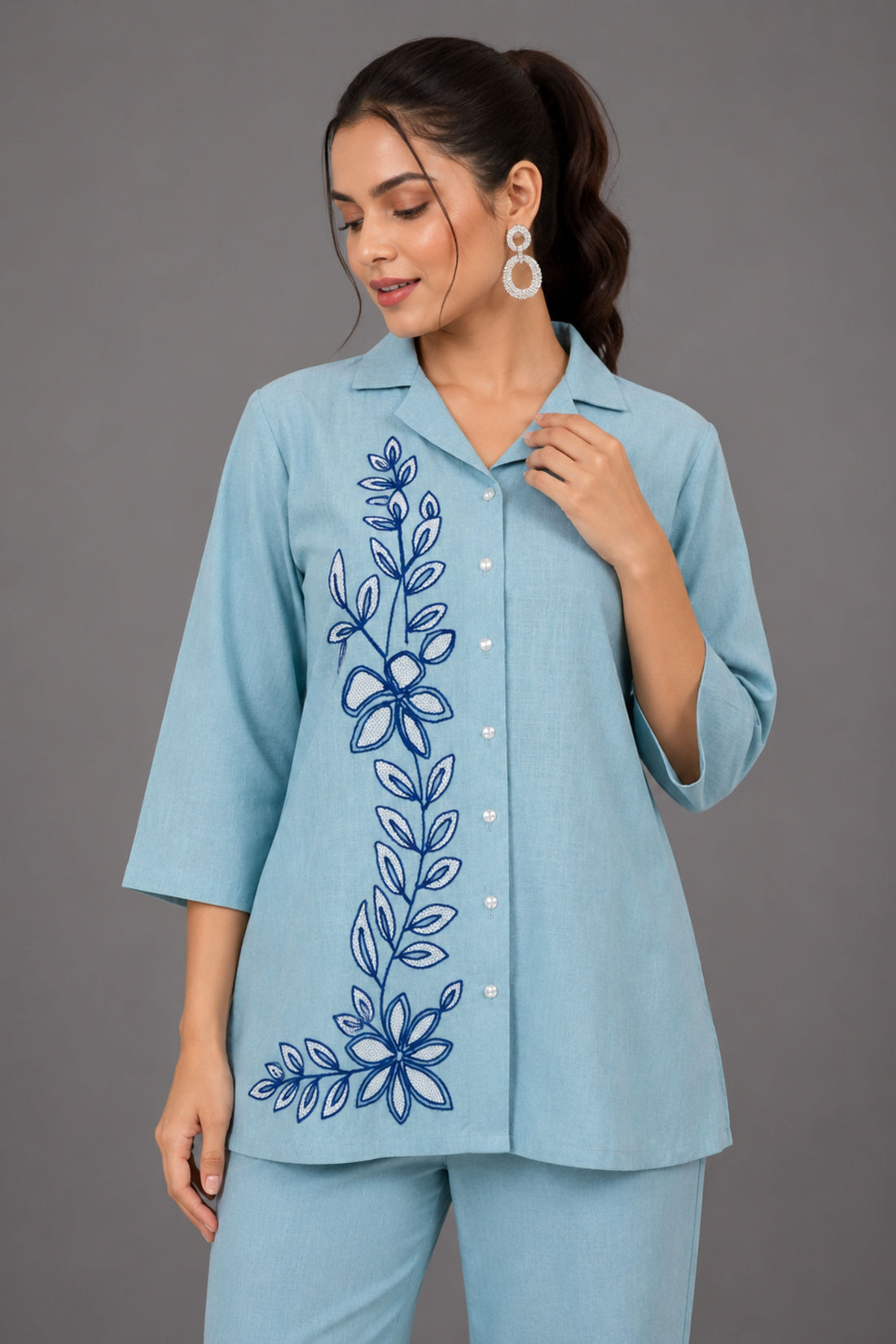 Women's Blue Floral Embroidered Co-Ord Set
