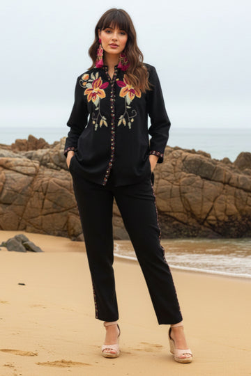 Women's Black Floral Embroidered Co-ord Set