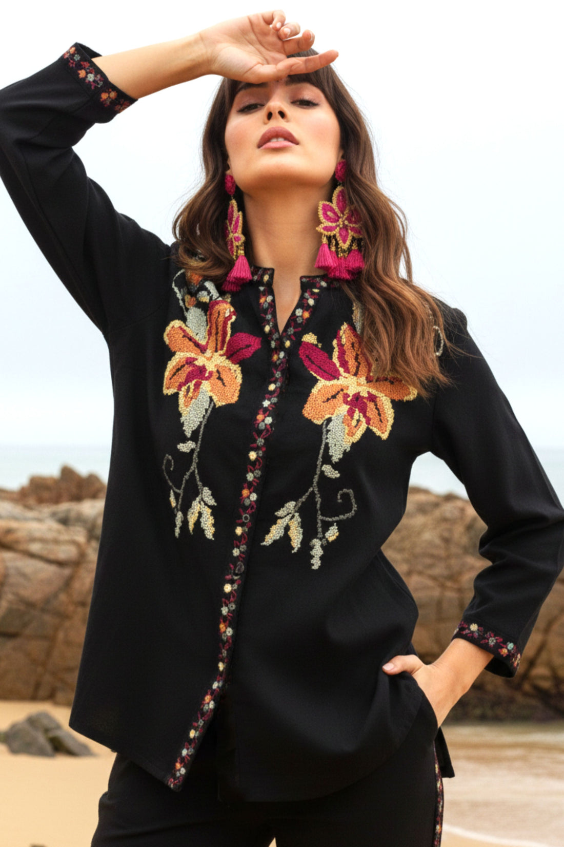 Women's Black Floral Embroidered Co-ord Set