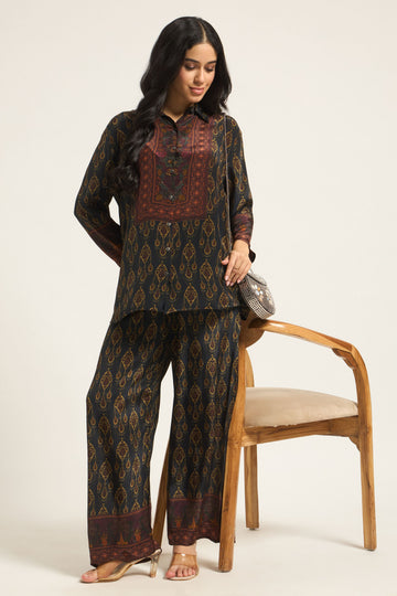 Bottle Green with Crepe fabric Ethnic Printed Shirt & Palazzo Co-ord Set