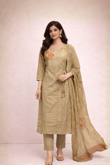 Beige Angrakha Style Embriodered Cotton 3-Piece Suit Set