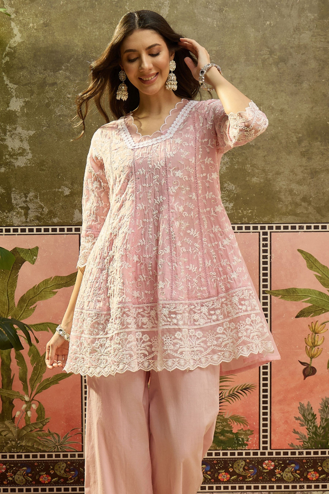 Women's Pink Embroidered Kurta with Palazzo & Dupatta Set