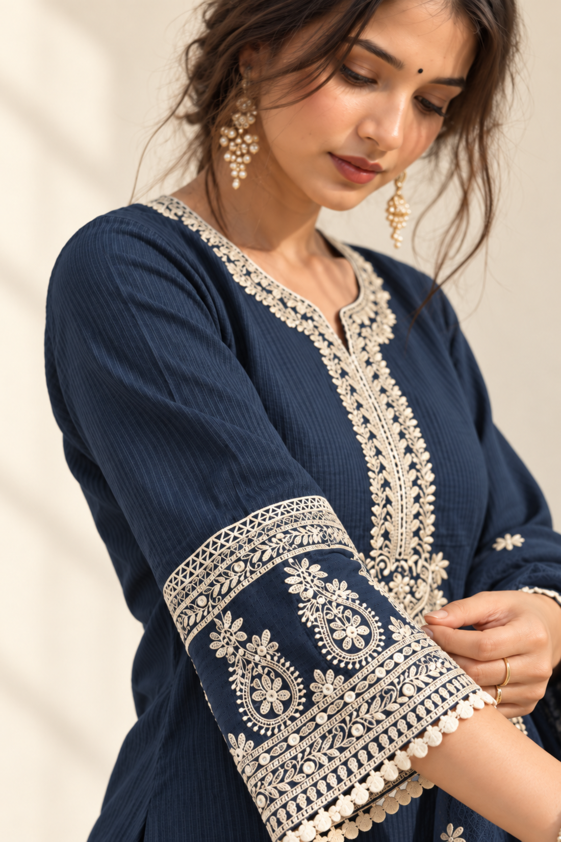 Teal Blue with cotton fabric Embroidered Round Neck Kurta with Farsi Salwar and Dupatta