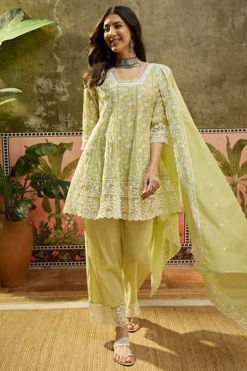 Women's Pista Green Embroidered Kurta with Palazzo & Dupatta Set