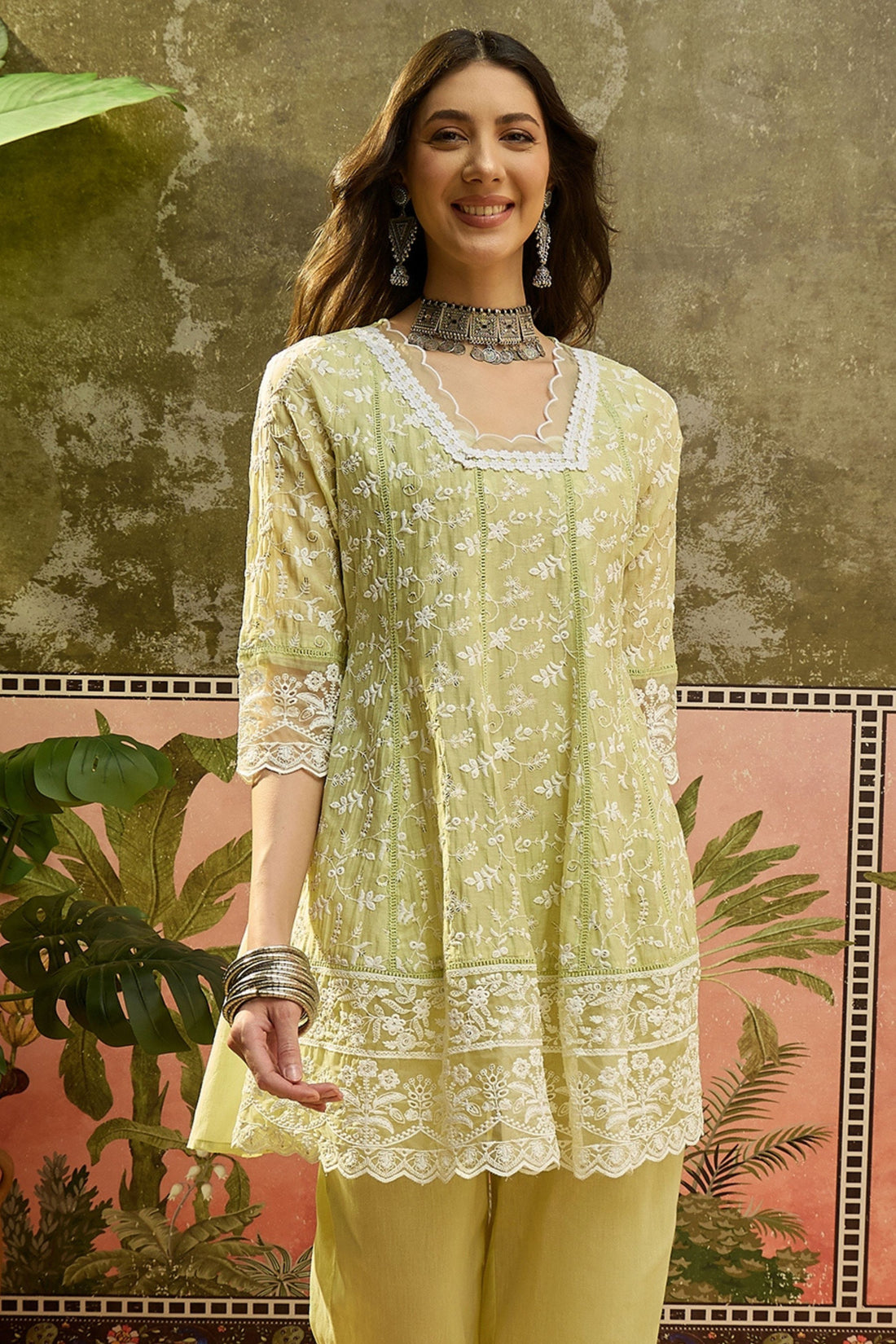 Women's Pista Green Embroidered Kurta with Palazzo & Dupatta Set
