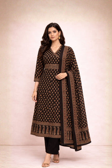 Black Angrakha Style Printed Cotton 3-Piece Suit Set
