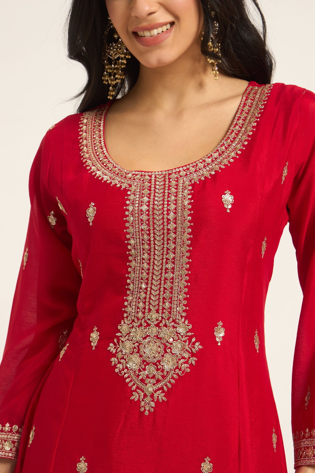 Red Chanderi Fabric Embroidered Kurta with Trousers & Dupatta