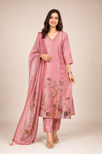 Women's Mouve Kantha Embroidered Mul Mul Cotton 3-Piece Suit Set