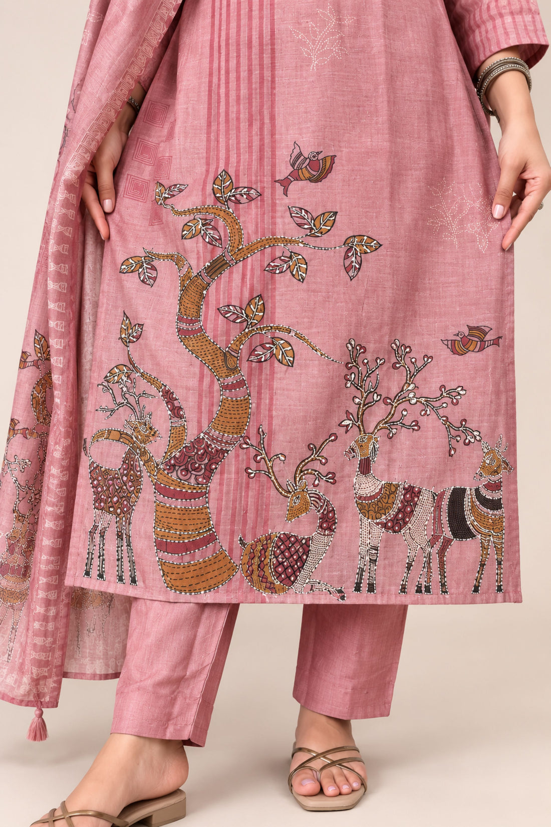 Women's Mouve Kantha Embroidered Mul Mul Cotton 3-Piece Suit Set