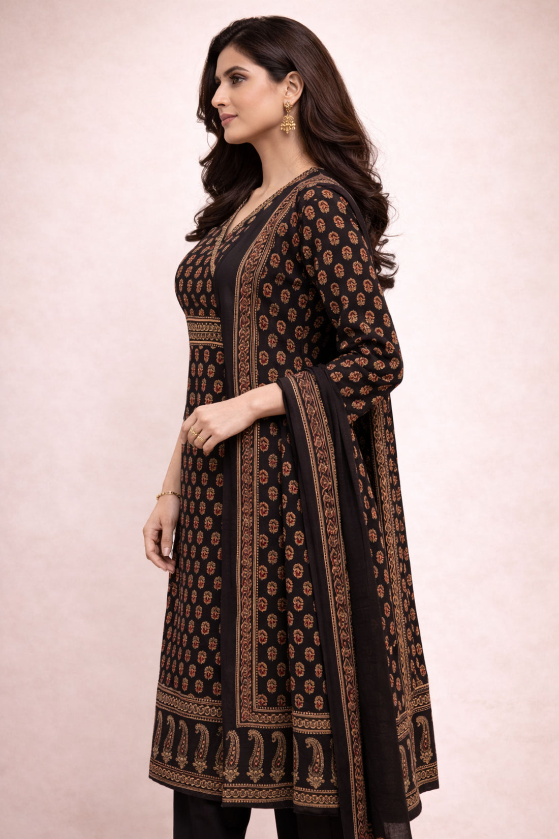 Black Angrakha Style Printed Cotton 3-Piece Suit Set