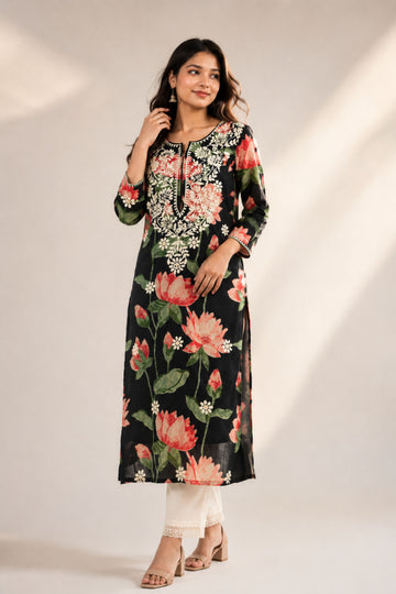 Women's Black Floral Chikankari Embroidered Cotton Long Kurta