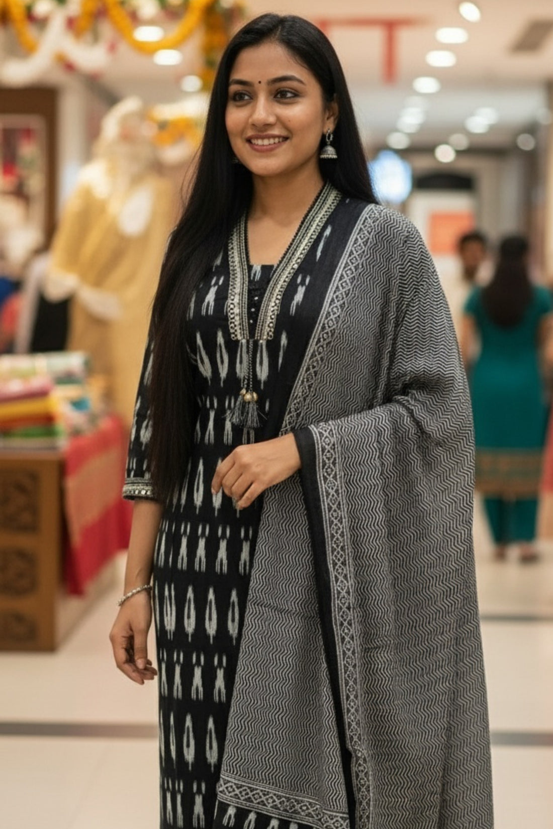Black Monochrome Ikat Cotton Kurta Pant Set with Matching Dupatta