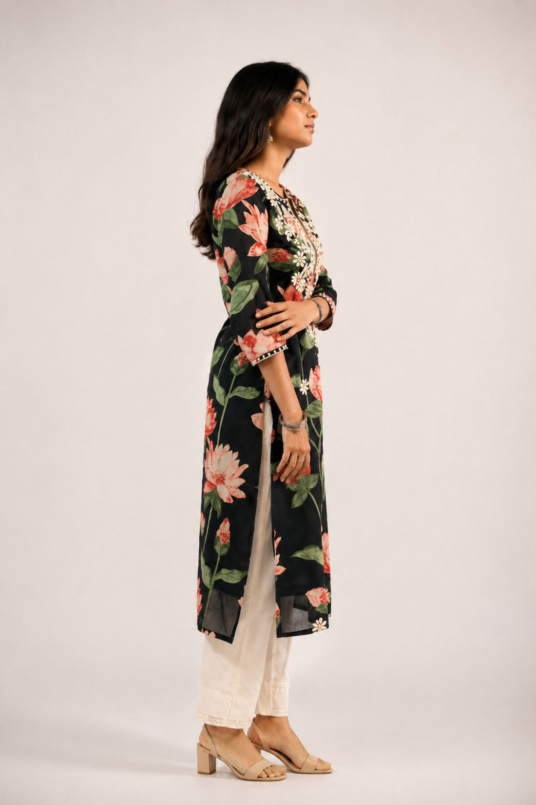 Women's Black Floral Chikankari Embroidered Cotton Long Kurta