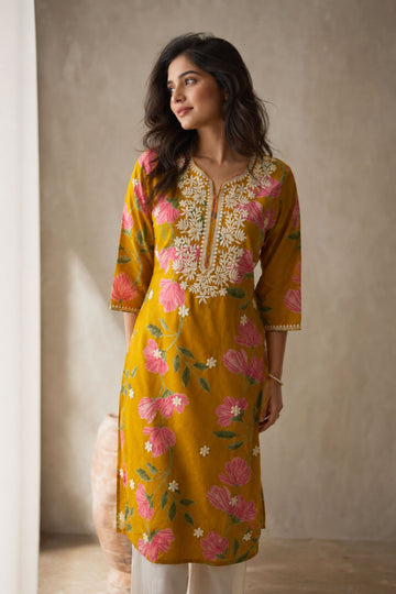 Women's Mustard Floral Chikankari Embroidered Cotton Long Kurta