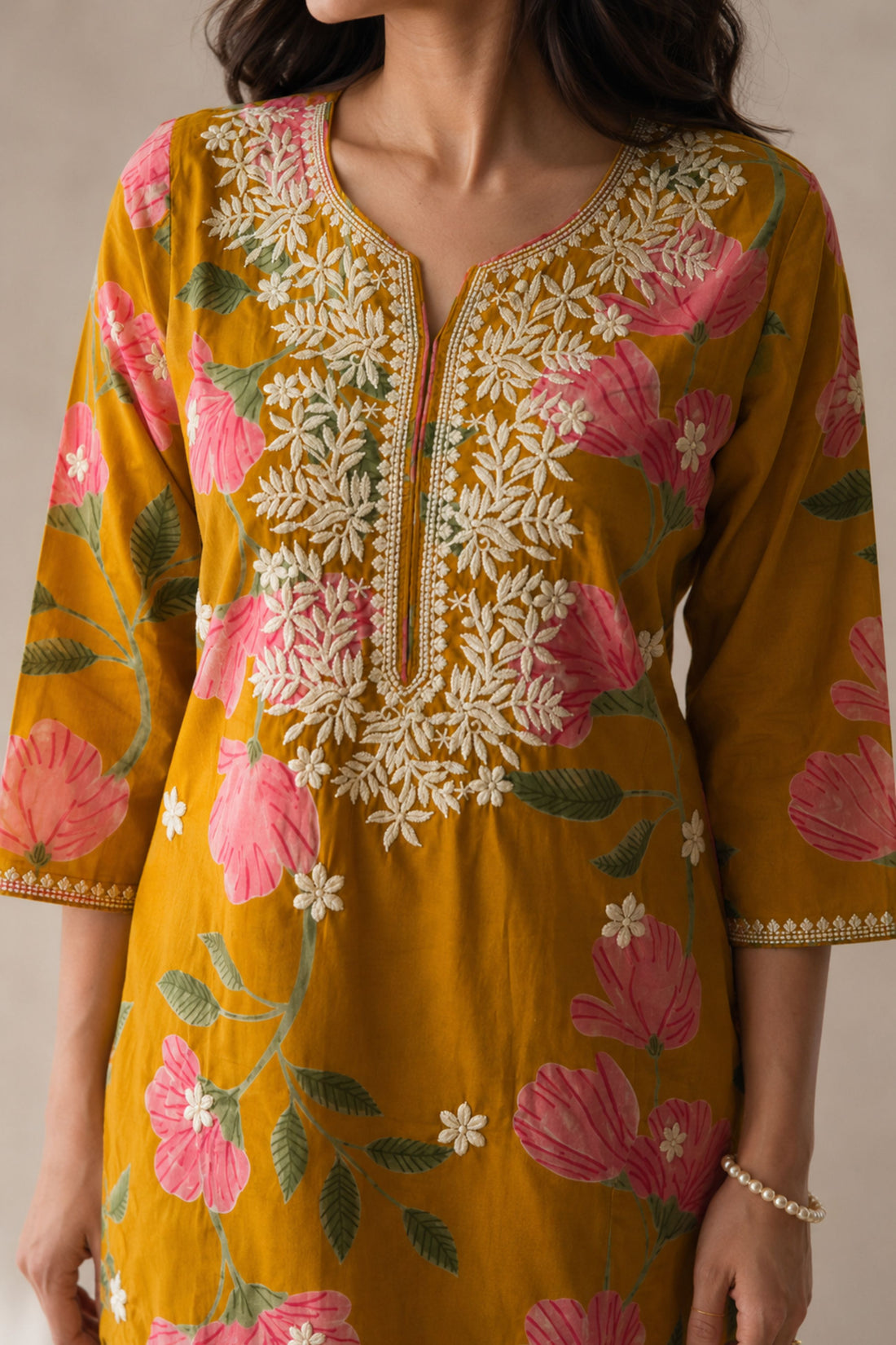Women's Mustard Floral Chikankari Embroidered Cotton Long Kurta