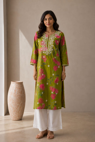 Women's Green Floral Chikankari Embroidered Cotton Long Kurta