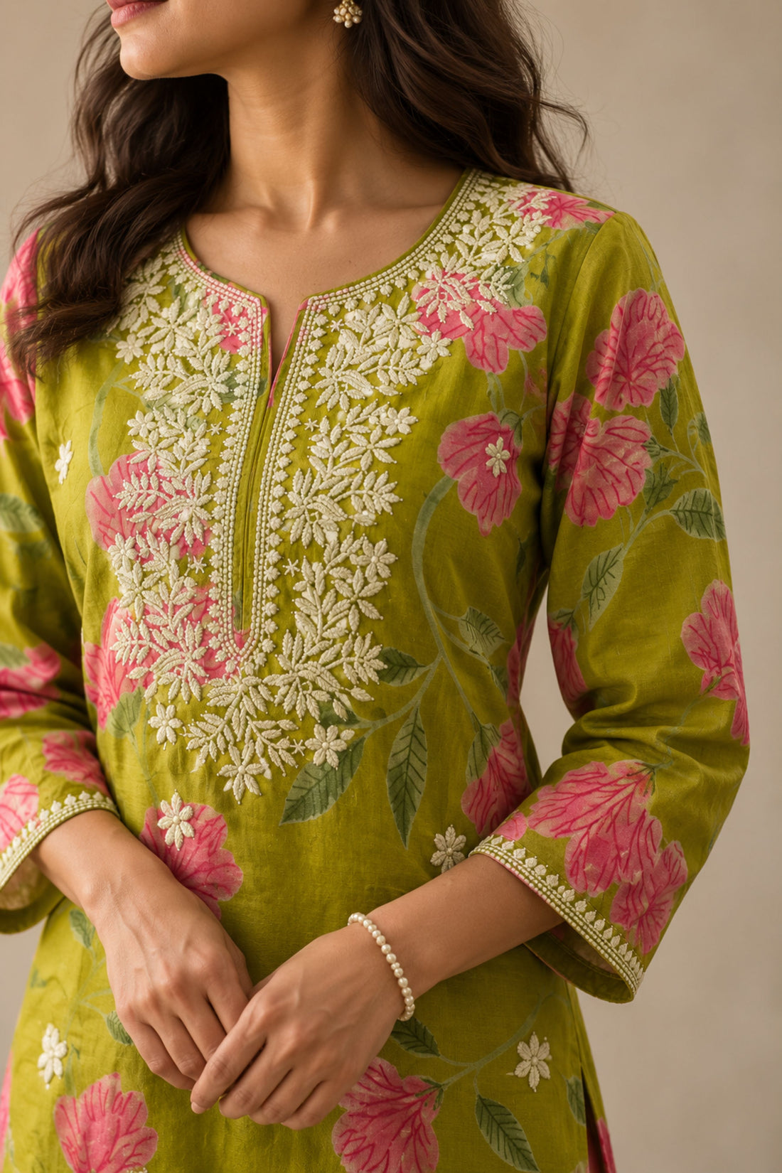 Women's Green Floral Chikankari Embroidered Cotton Long Kurta