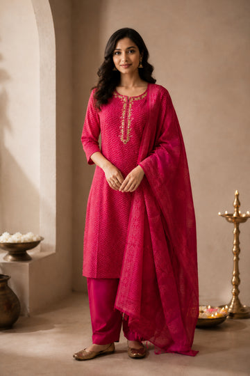 Women's Pink Printed Embellished Straight Kurta Set