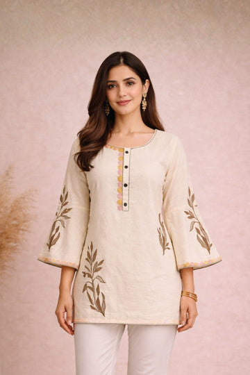Off White Embroidered Cotton Flex Short Kurti