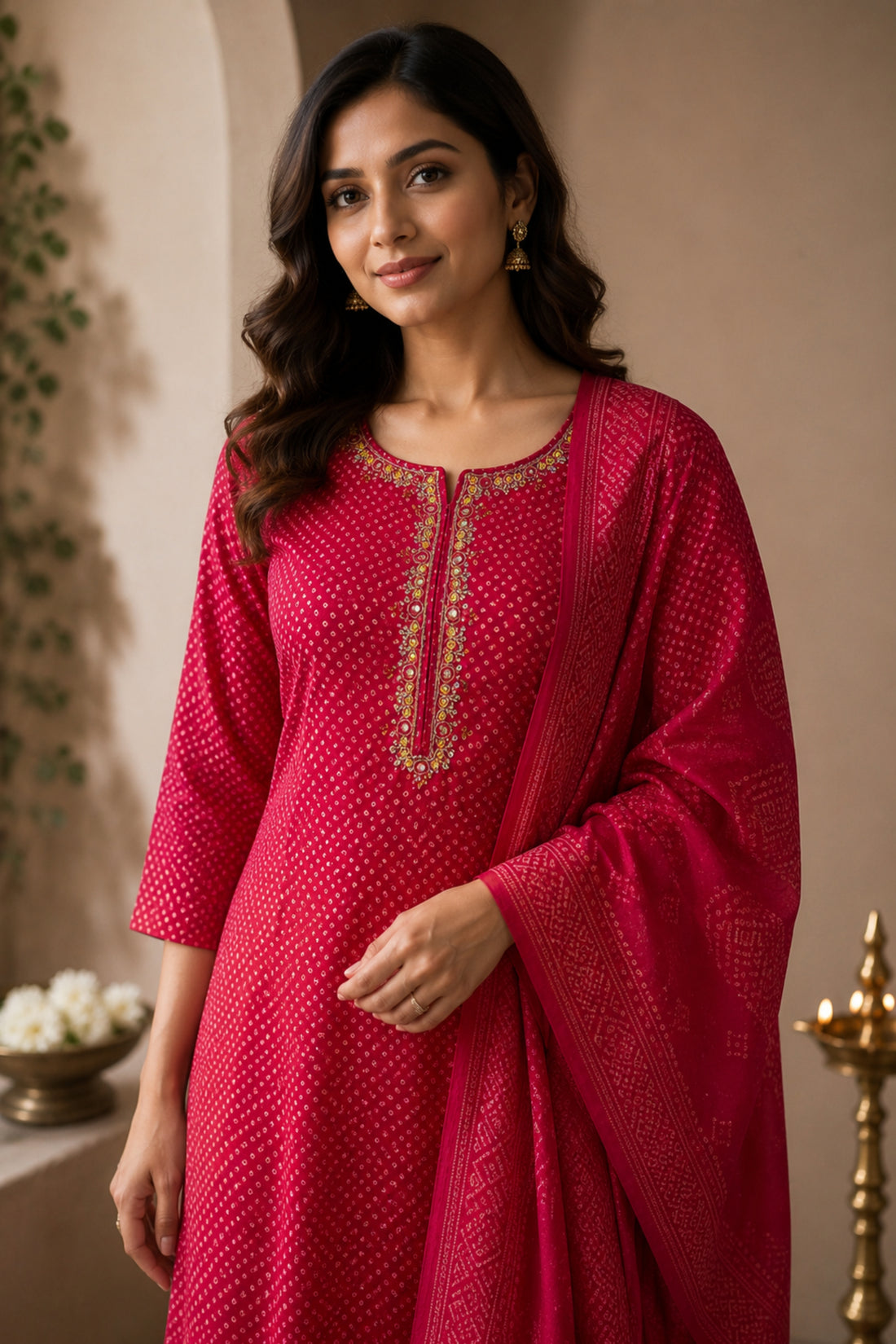 Women's Pink Printed Embellished Straight Kurta Set