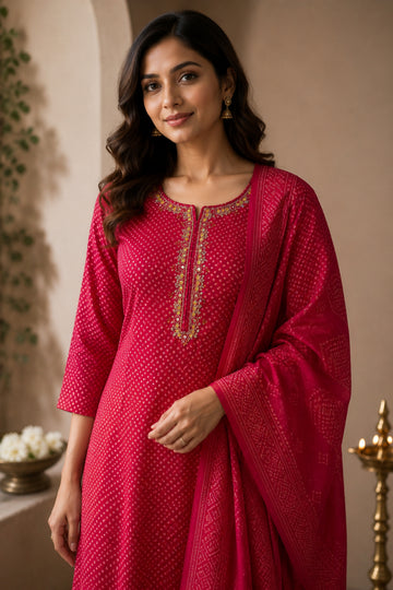 Women's Pink Printed Embellished Straight Kurta Set