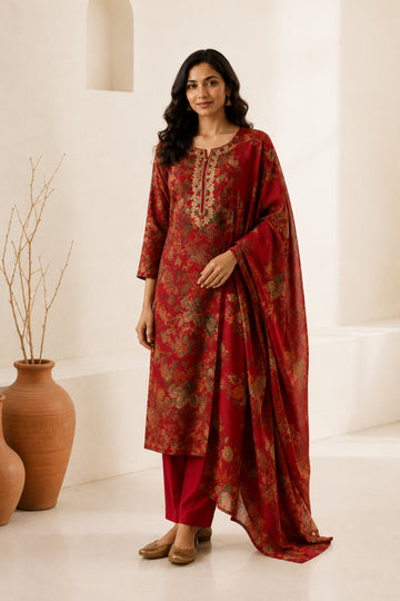 Women's Magenta Floral Printed Kurta with Pant & Dupatta Set
