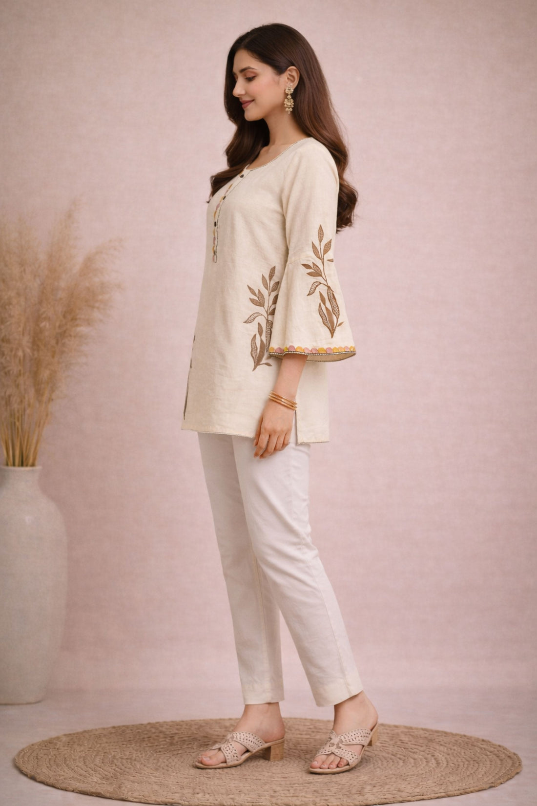 Off White Embroidered Cotton Flex Short Kurti