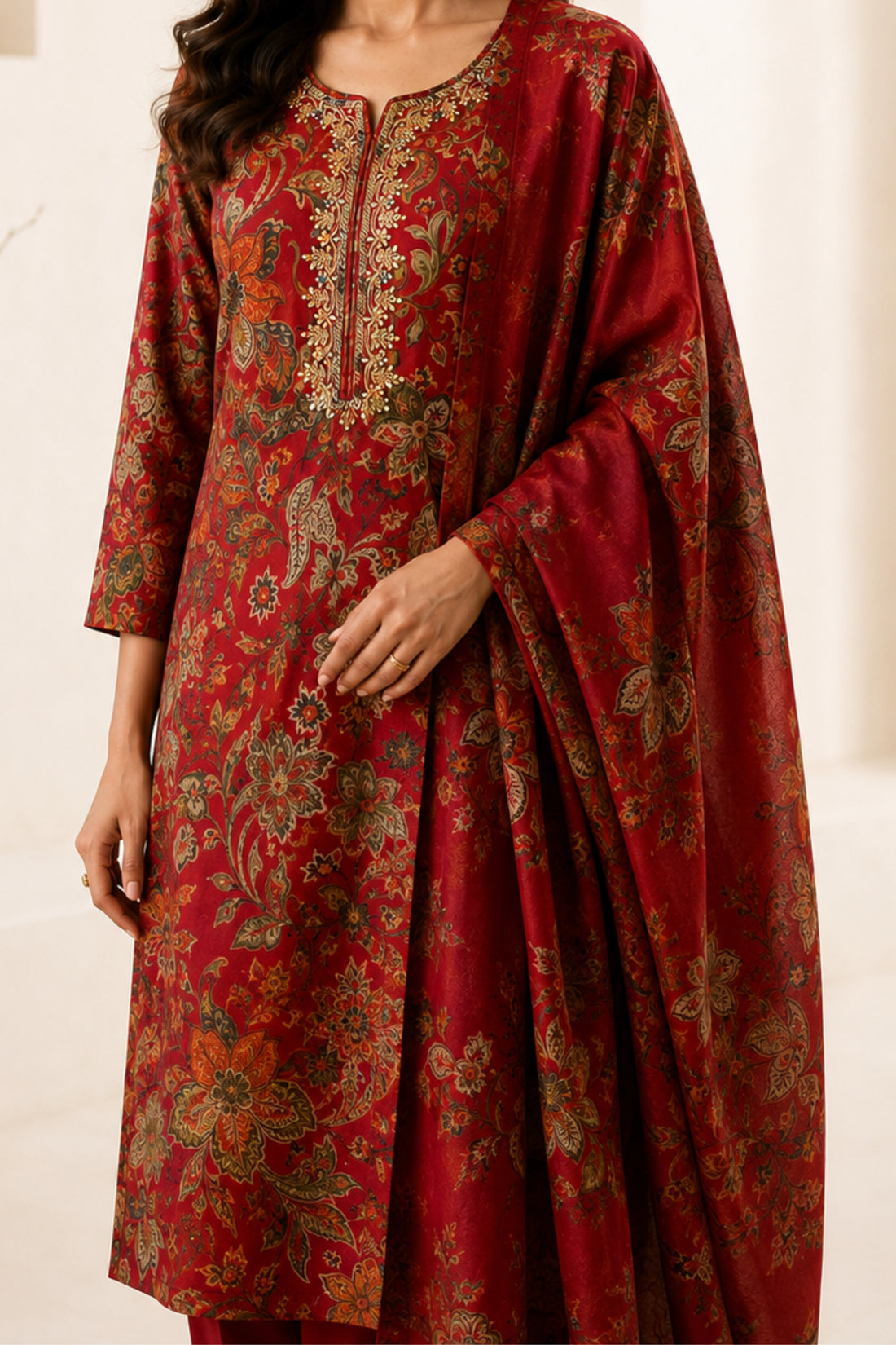 Women's Magenta Floral Printed Kurta with Pant & Dupatta Set