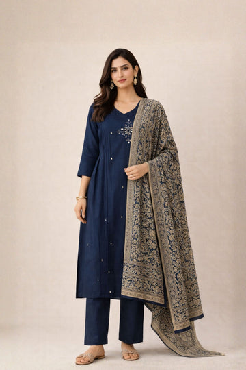 Navy Blue Mirror Work Cotton 3-Piece Suit Set