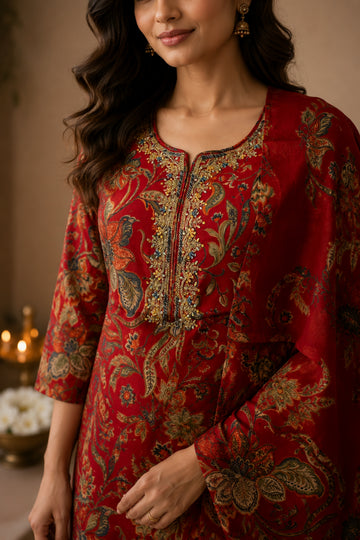 Women's Magenta Floral Printed Kurta with Pant & Dupatta Set