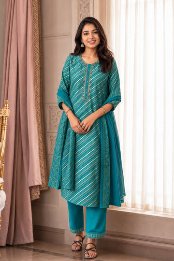 Women's Tea Blue Striped Straight Kurta Set