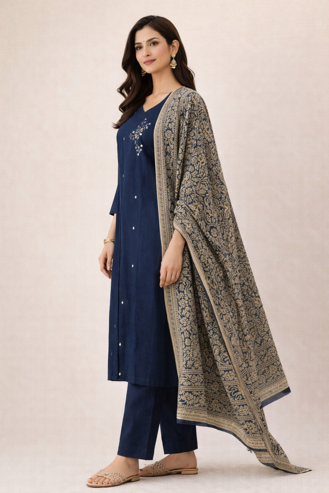 Navy Blue Mirror Work Cotton 3-Piece Suit Set