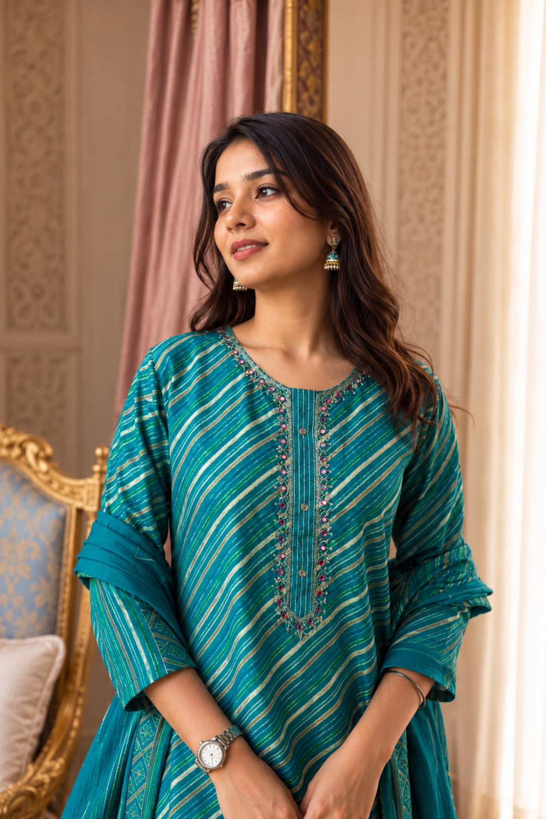 Women's Tea Blue Striped Straight Kurta Set