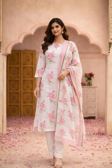 Pink Floral Printed Cotton 3-Piece Suit Set