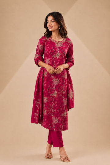 Women's Magenta Printed Straight Kurta with Palazzo & Dupatta Set with Embellished Yoke