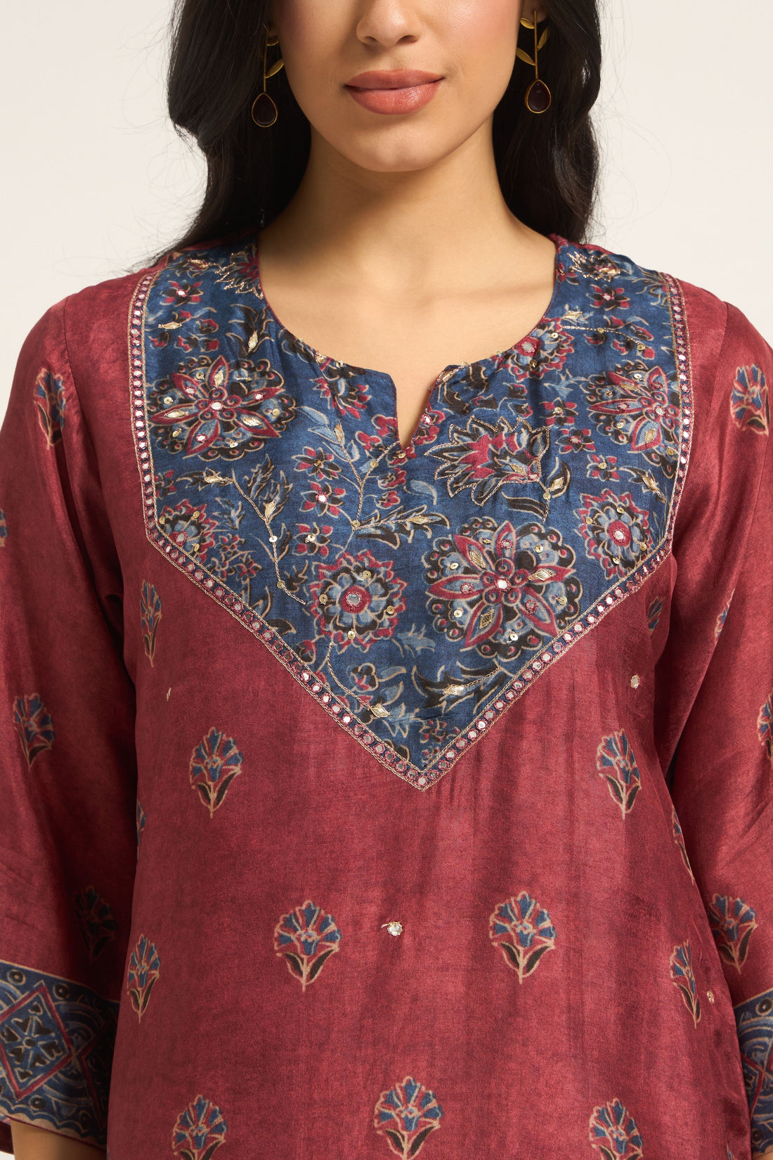 Maroon with Modal Silk Blend fabric Ajrakh Printed Straight Kurta with Trousers & Dupatta