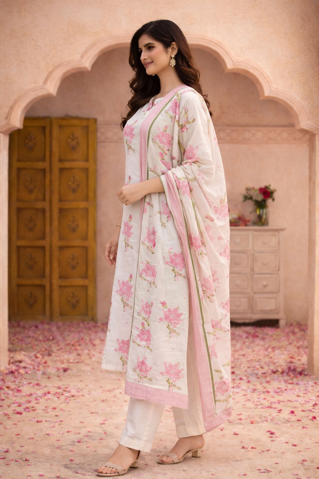 Pink Floral Printed Cotton 3-Piece Suit Set