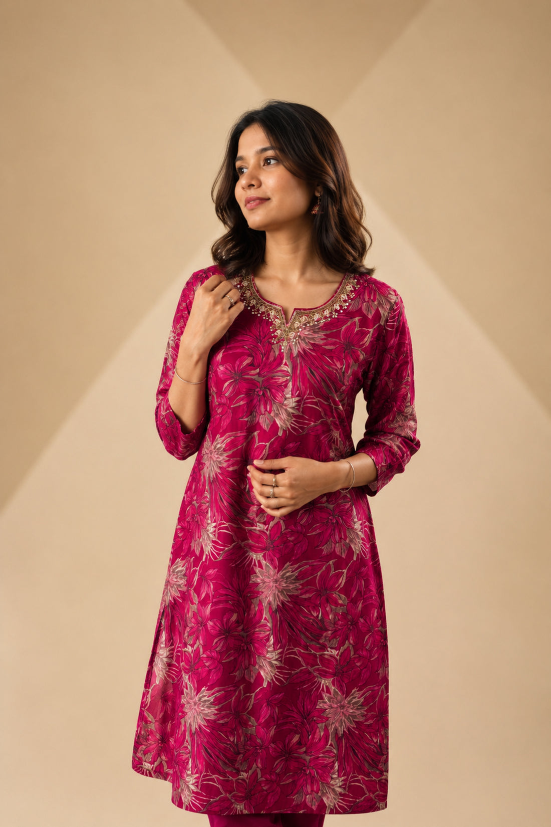Women's Magenta Printed Straight Kurta with Palazzo & Dupatta Set with Embellished Yoke