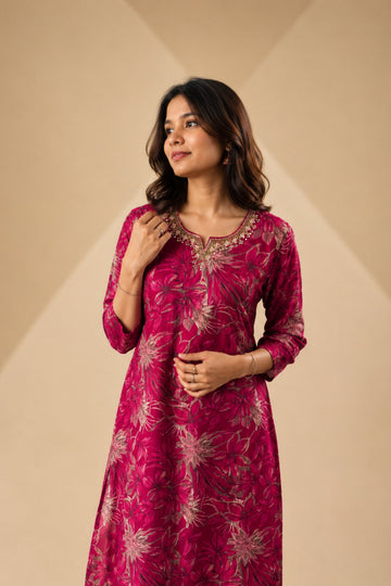 Women's Magenta Printed Straight Kurta with Palazzo & Dupatta Set with Embellished Yoke