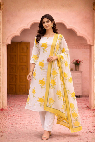 Yellow Floral Printed Cotton 3-Piece Suit Set