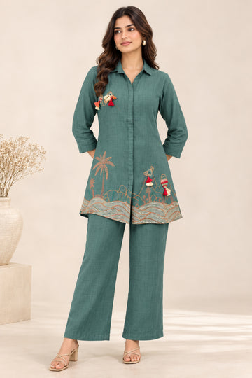 Women's Green Embroidered Shirt Collar Co-Ord Set