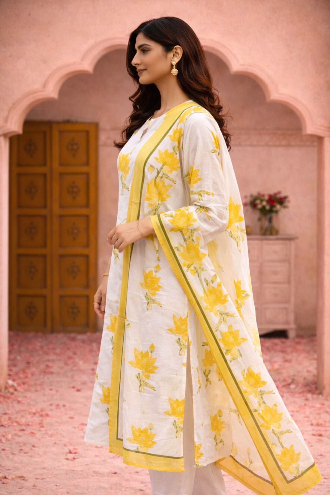 Yellow Floral Printed Cotton 3-Piece Suit Set