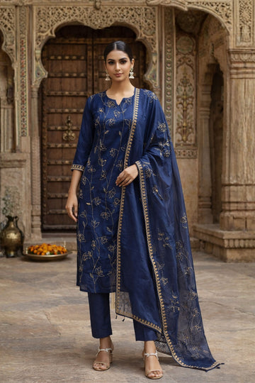 Navy Blue Embroidered Chanderi 3-Piece Suit Set