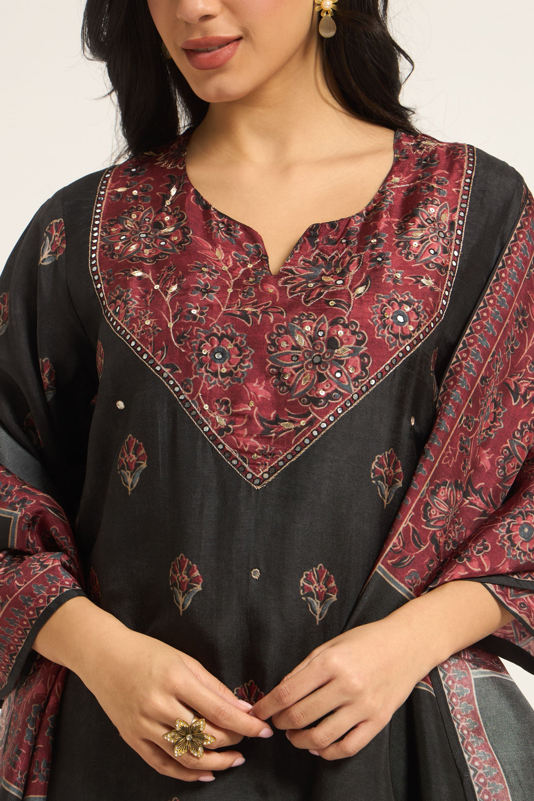 Black & Maroon with Modal Silk Blend fabric Ajrakh Printed Straight Kurta with Trousers & Dupatta