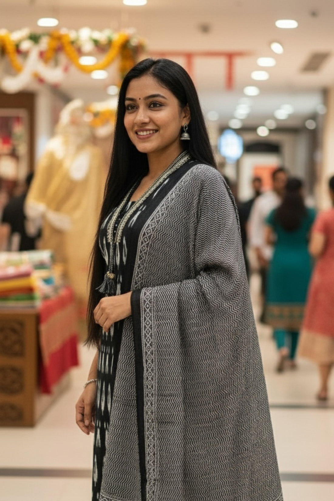 Black Monochrome Ikat Cotton Kurta Pant Set with Matching Dupatta