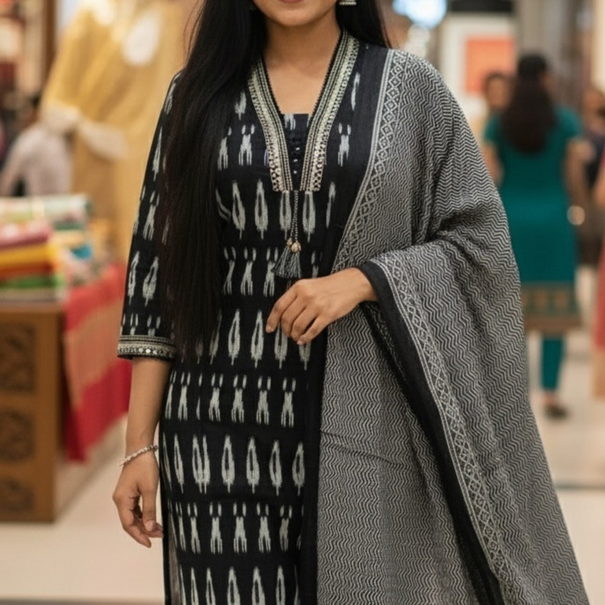 Black Monochrome Ikat Cotton Kurta Pant Set with Matching Dupatta